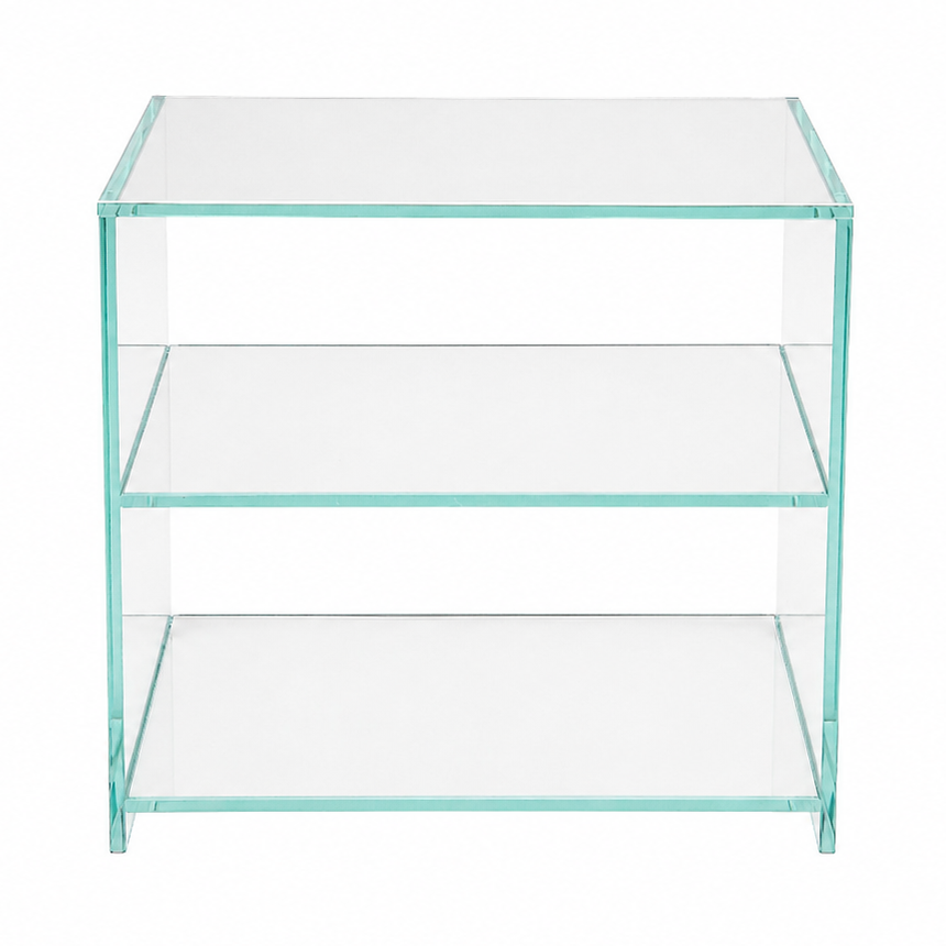 Extra clear glass side table with 2 shelves on a white background