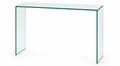 A modern minimalist glass console table with a rectangular transparent glass top and two matching glass side panels, shown on a plain white background.