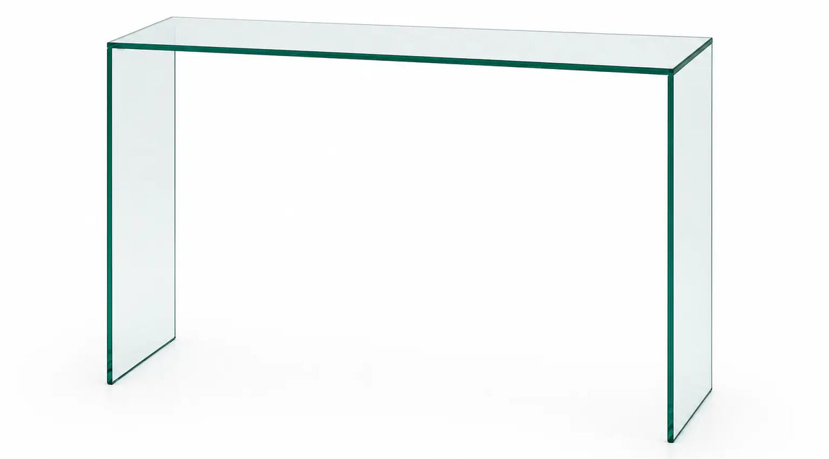 A modern minimalist glass console table with a rectangular transparent glass top and two matching glass side panels, shown on a plain white background.