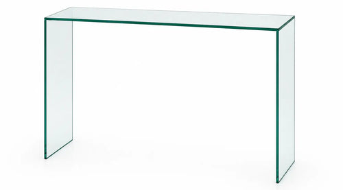 A modern minimalist glass console table with a rectangular transparent glass top and two matching glass side panels, shown on a plain white background.