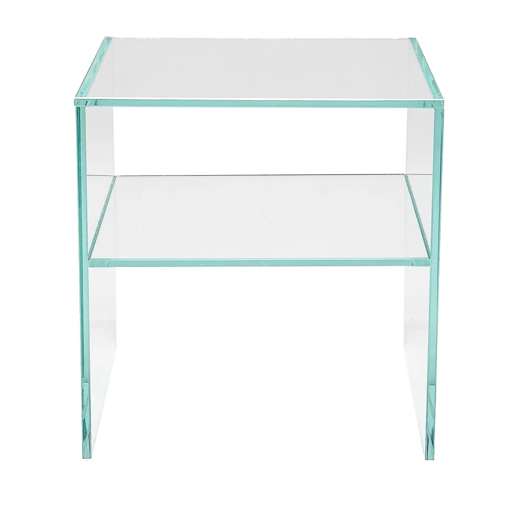 A modern two-tier glass side table with 1 shelf made from extra clear toughened glass, shown against a plain white background.