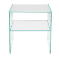 A modern two-tier glass side table with 1 shelf made from extra clear toughened glass, shown against a plain white background.