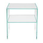 A modern two-tier glass side table with 1 shelf made from extra clear toughened glass, shown against a plain white background.