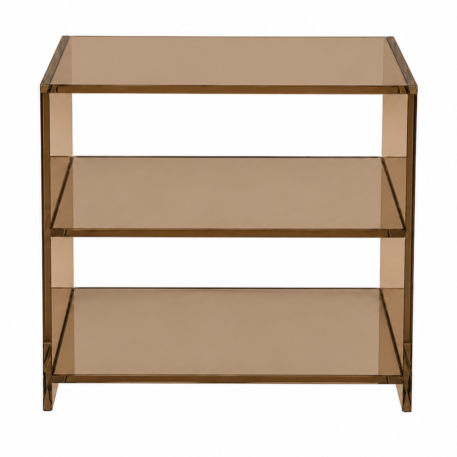 Bronze tinted glass side table with 2 shelves on a white background