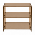Bronze tinted glass side table with 2 shelves on a white background