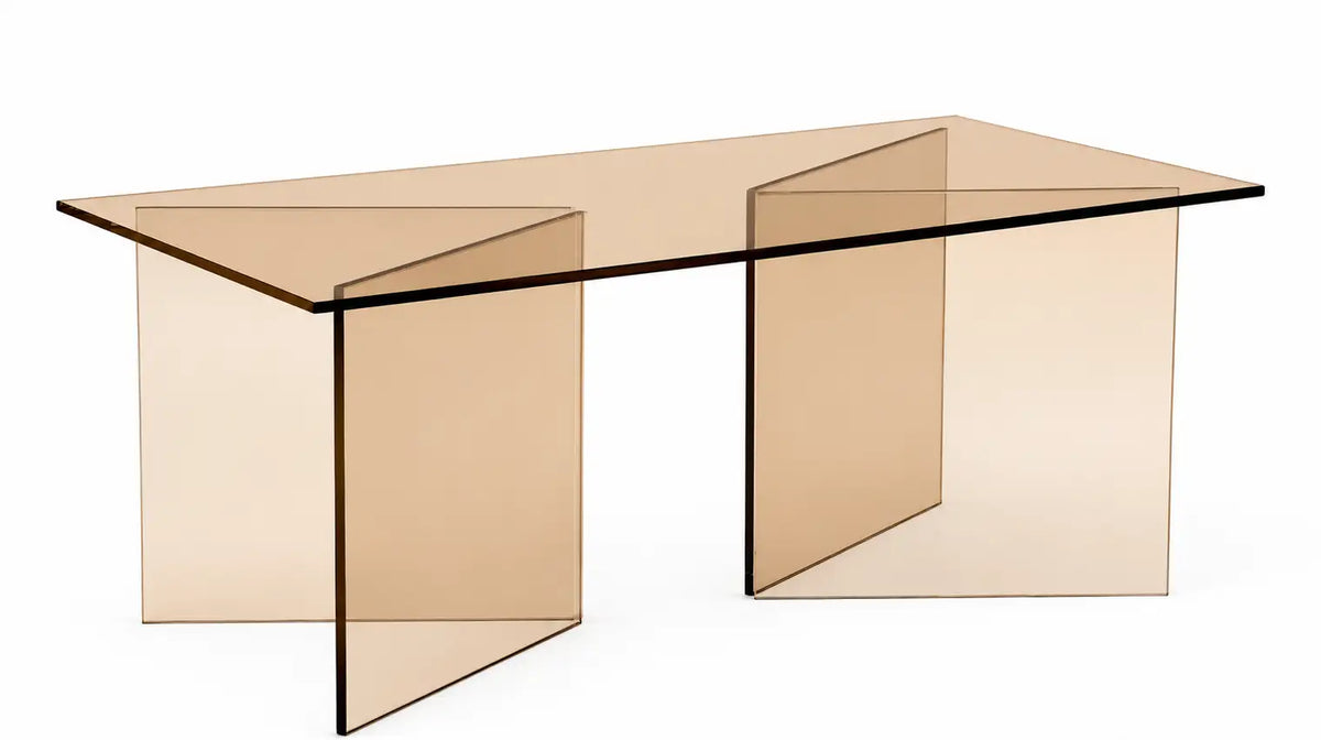 A modern translucent bronze-tinted glass coffee table with a rectangular top and geometric, angled glass legs, shown on a plain white background.
