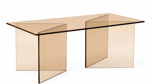 A modern translucent bronze-tinted glass coffee table with a rectangular top and geometric, angled glass legs, shown on a plain white background.