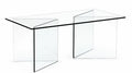 A modern glass coffee table with a clear rectangular top and four angled transparent glass legs, shown on a white background.