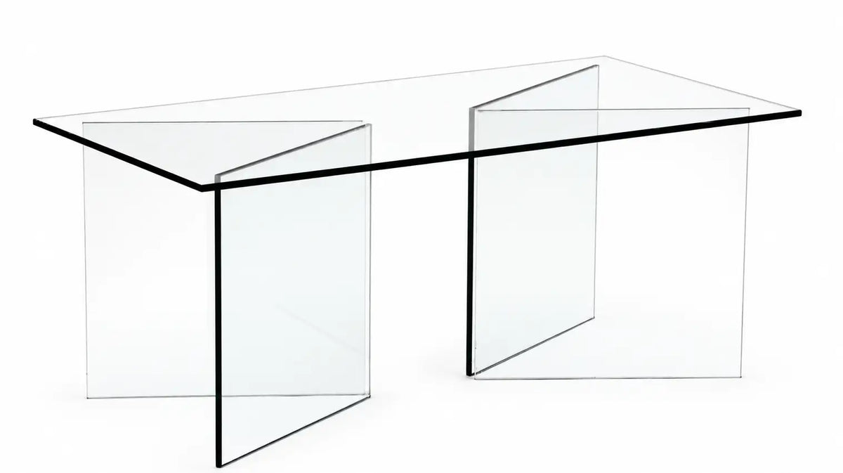 A modern glass coffee table with a clear rectangular top and four angled transparent glass legs, shown on a white background.